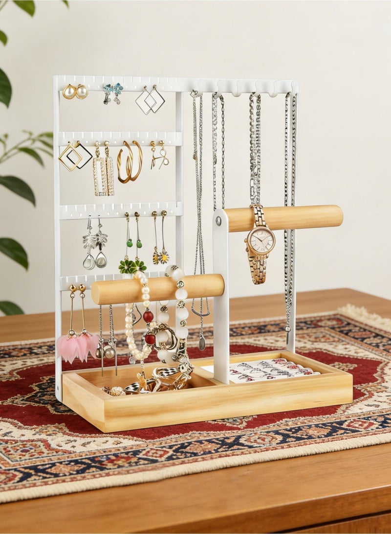 Homestetic Jewelry Organizer Stand Earring Holder Necklace Organizer, 5 Tier Jewellery Stands 48 Holes, Bracelet Stand & Watch Holder with Wooden Tray, Gift for Women Eid Wedding - Image 3